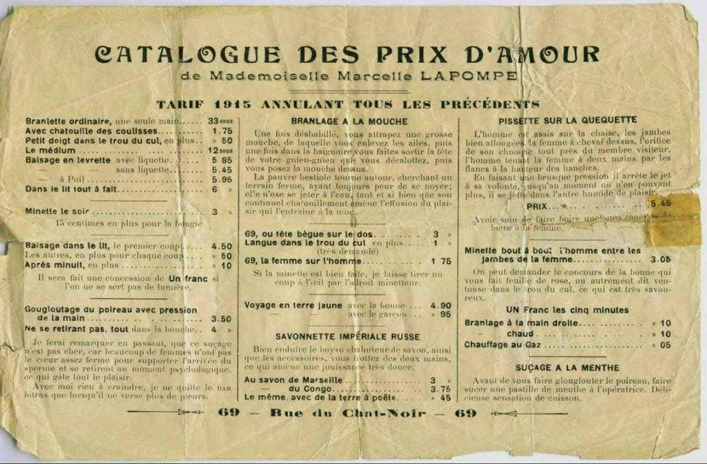 En 1915, les tarifs de Mademoiselle Marcelle La Pompe qui officie au Chat Noir.