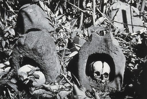 Assam : lieu de sépulture de la tribu Konyak Naga, avec des têtes placées dans des creux de grès au-dessus du sol.